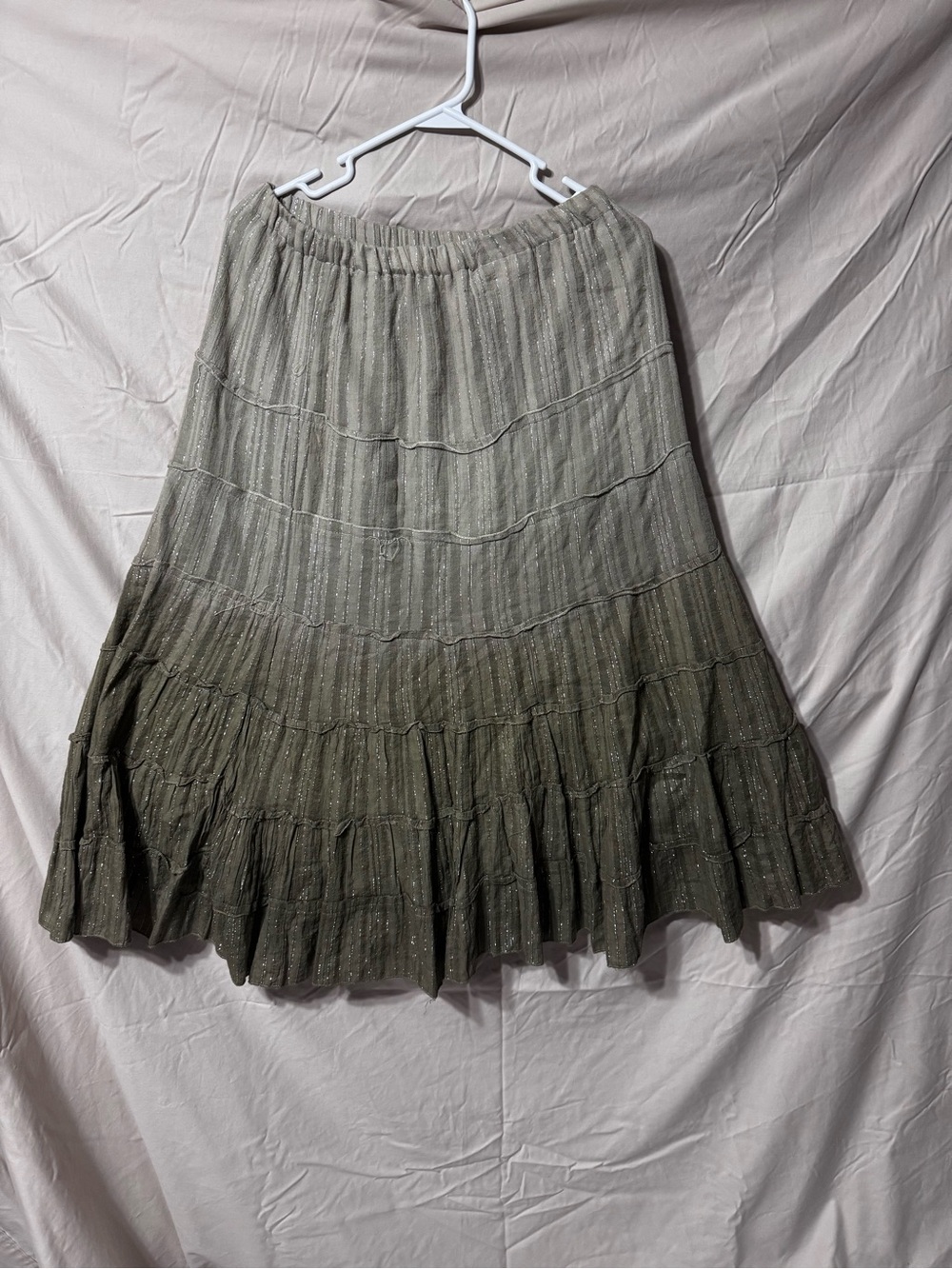 Metro Wear Olive Tiered Maxi Skirt with Subtle Sheen